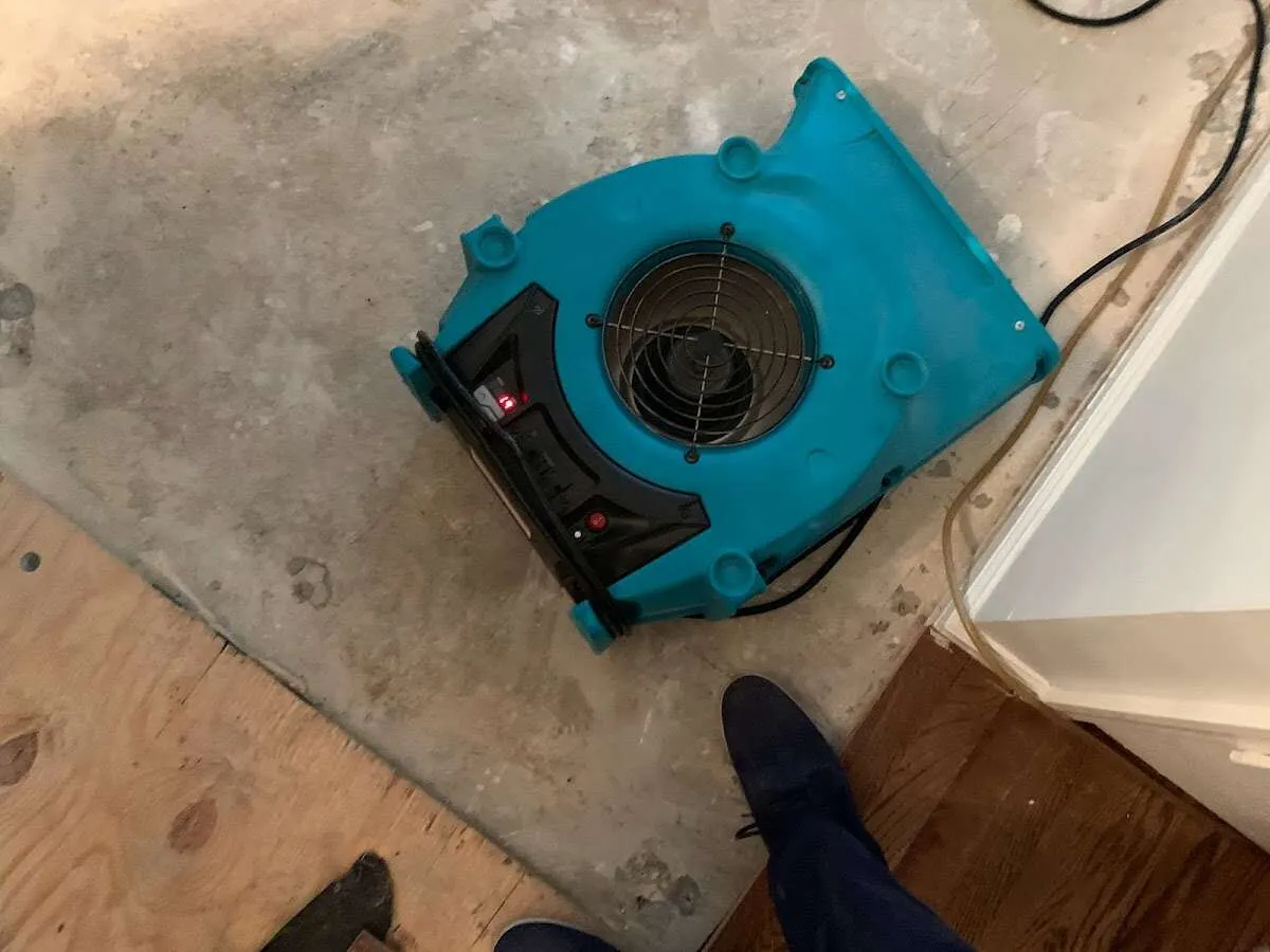 Air mover drying subfloor during Commercial Water Damage Restoration in Ferguson